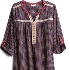 Skies Are Blue Navy Orange Boho Blouse Mixed Material Plus Size 2X